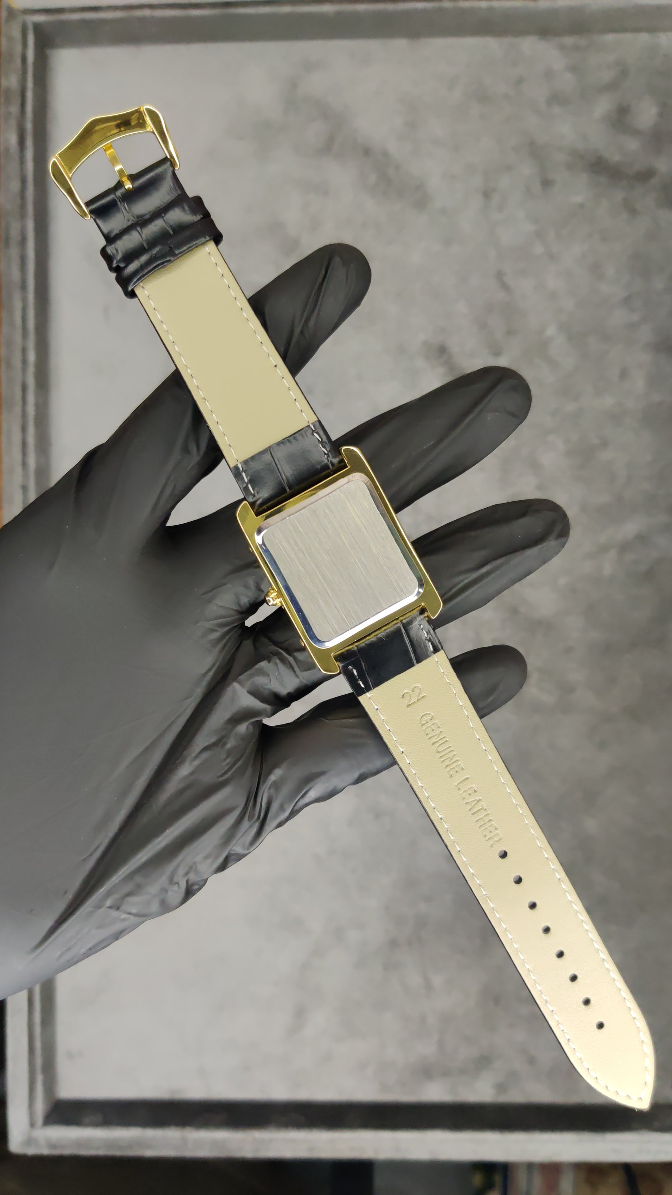 Luxury Cartier Tank Style Gold Rectangular Black Dial Quartz Watch with Black Leather Strap | Classic Dress Wristwatch for Men & Women
