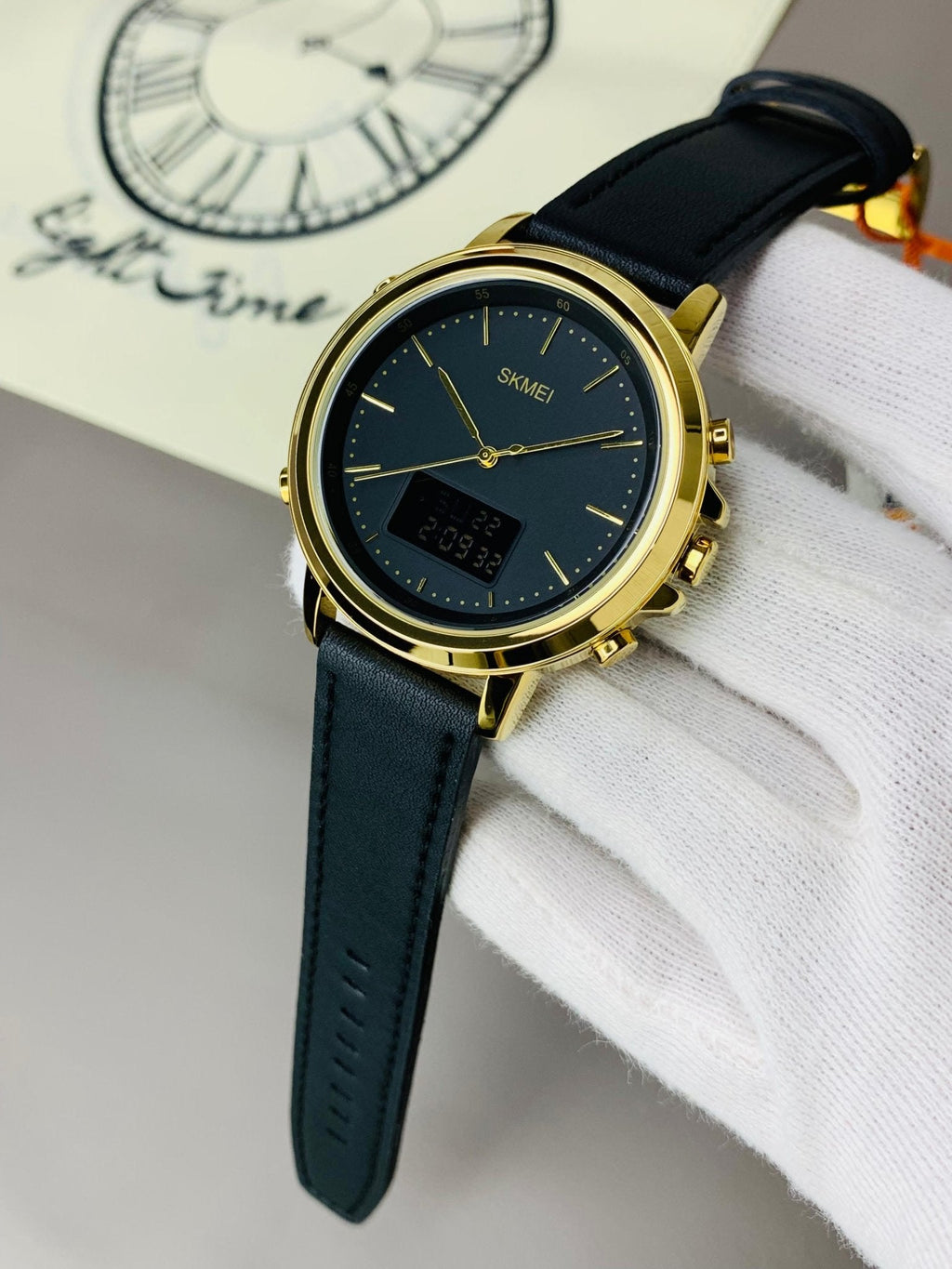 Skmei Dual Time Leather Belts Golden - RIGHT TIME